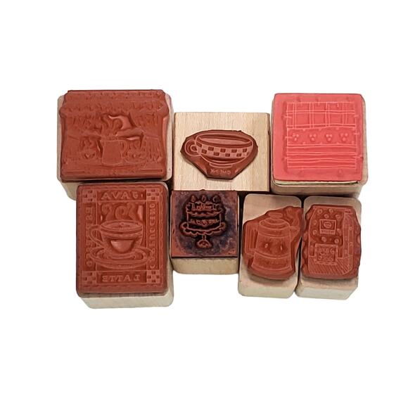 Vtg Junk Drawer Lot of 7 Caffiene Lovers Coffee House Bakery Shop Rubber Stamps - Picture 4 of 6